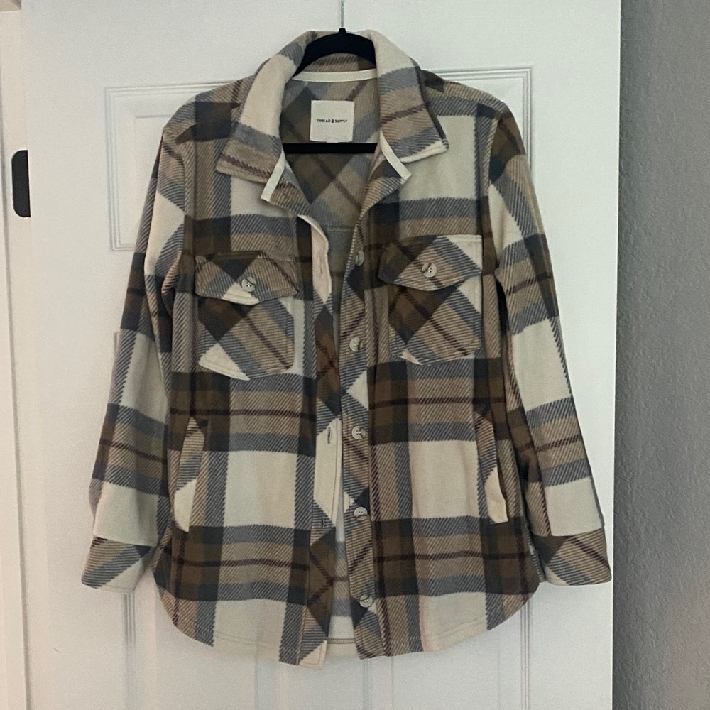 Thread & Supply Cream and Brown Plaid Utility Jacket